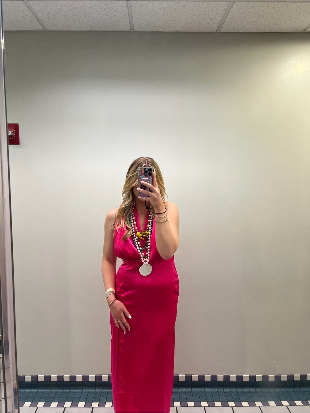 Hot Pink Halter Satin Maxi Dress